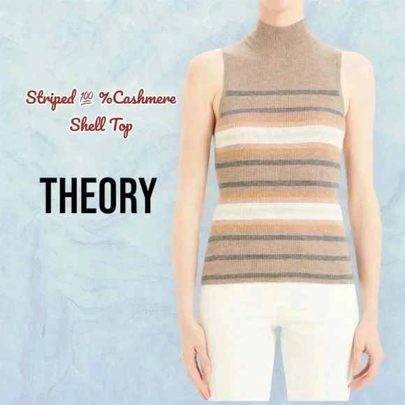 Theory Women's Striped Cashmere Sleeveless Turtleneck Sweater Top sz Large - Picture 1 of 11